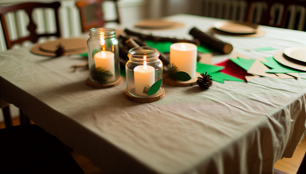 table DIY nappe en tissu recyclé bougies pots en verre décorations en papier